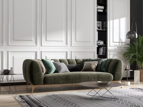 Ruang tamu dengan sofa besar dan rak custom